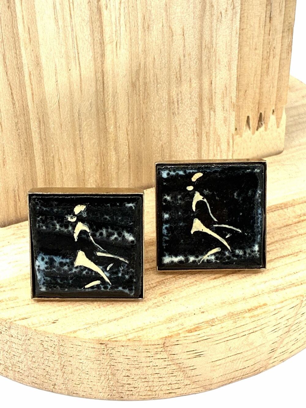 Vintage Enamel Cufflinks Figural Nude Woman Mid Century Modernist Studio Art